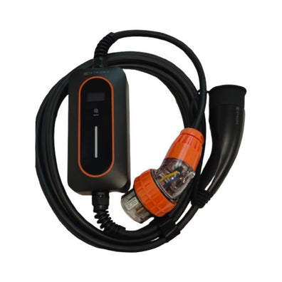 Electric vehicle charging cable with black and orange connectors on a white background